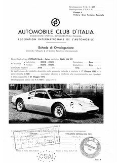 Scheda di omologazione C.S.A.I. 1969 Ferrari Dino 246 GT